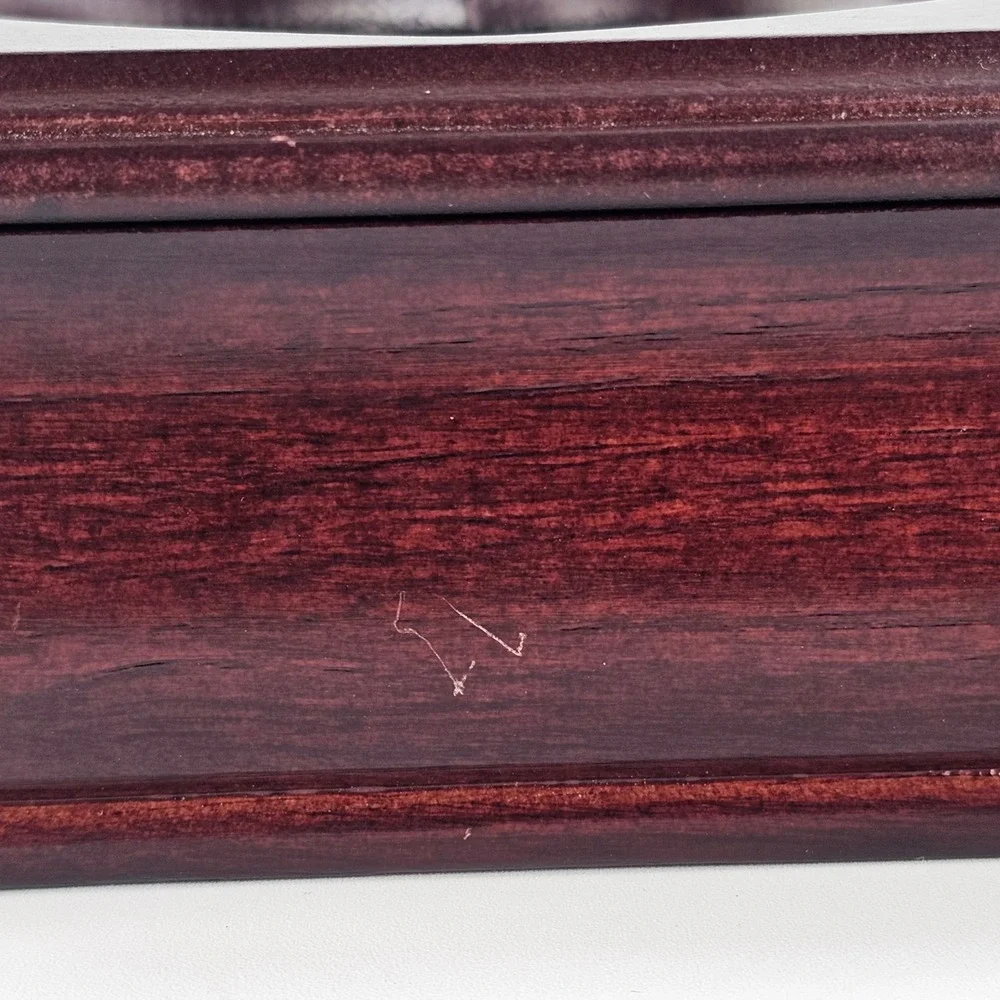 Vintage Wooden Heart Rose Etched Glass Jewelry Box Mahogany Tone Christmas 2000